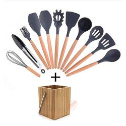 MEIGONGJU 11-PCS Kitchen Utensils Set Silicone with Holder Spoon Turner Tongs Spatula Cooking Utensil Tools Sets Wood Cookware Kitchenware,C