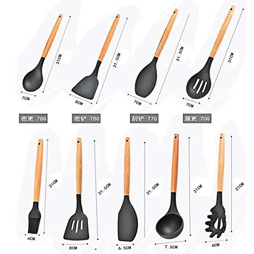 Kitchen Supplies New Wooden Handle Silicone Kitchenware Set 9 Piece Set Non-Stick Cooking Shovel Spoon Tool Accessories