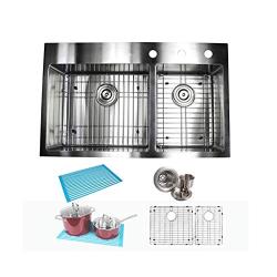 36 Inch Drop In Topmount Stainless Steel Kitchen Sink Package 16 Gauge Double Bowl Basin w/ 9 Gauge Deck Complete Sink Pack with Bonus Accessories 0916PPZYXXX