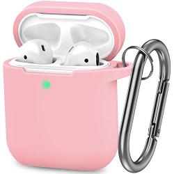 AirPods Case, Silicone Cover with U Shape Carabiner,360°Protective,Dust-Proof,Super Skin Silicone Compatible with Apple AirPods 1st/2nd (Pink)