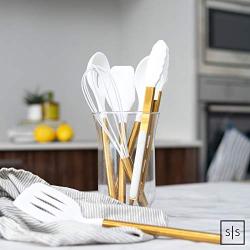 White Silicone and Gold Cooking Utensils for Modern Cooking and Serving, Stainless Steel Gold Serving Utensils - Spatulas for Non Stick Cookware