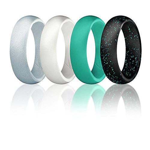 ROQ Silicone Wedding Ring for Women, Affordable Silicone Rubber Wedding Bands, 7 Packs, 4 Pack & Singles - Glitters & Metallic - Rose Gold, Silver, Pink, Black, Blue