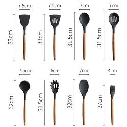 BBFZ 8 Piece Set of Silicone kitchenware - natural wooden handle - non-stick shovel spoon tool set spatula spoon black cooking silicone wooden handle kitchenware