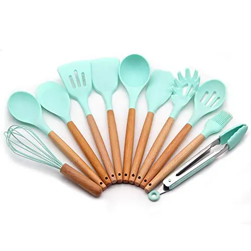 11pcs Kitchen Utensil Set Silicone Cooking Utensil Nonstick Cookware Kit with Heatproof Wooden Handle Kitchenware, Kitchenware