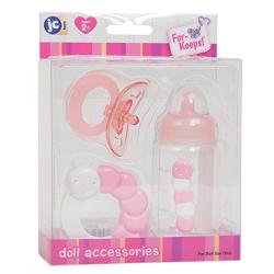 JC Toys 3-Piece Pink Accessory Gift Set Includes Bottle, Pacifier, and Rattle Fits Most Dolls - Ages 2+ - Designed by Berenguer Boutique Baby Doll, Pink