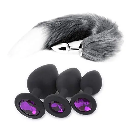 3pcs Silicone Ana.les Massage Toy with Super Long Fox Tail Plugs Back Wand Massage for Women&Male (Gray+Black)