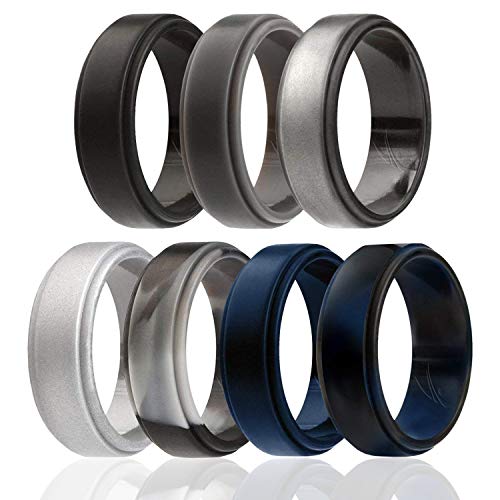 ROQ Silicone Wedding Ring for Men, 4 Packs & Singles Silicone Rubber Wedding Bands - Step Edge Sleek Design - Metallic, Black and Camo Colors