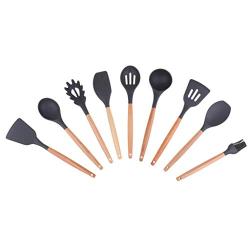 Prettyia Silicone Kitchen Utensil Set with Wood Handle Portable Heat Resistant Non-Stick Cooking Tools Set Home Outdoor Kitchen Gadgets