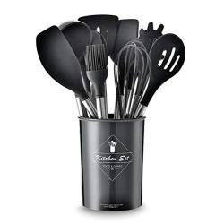 Kitchen Utensil Set 11 Piece Set - High Temperature Silicone Baking Barbecue Kitchenware, Storage Bucket Stainless Steel Wooden Handle Handle Kitchen Gadget