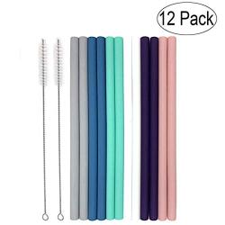 Silicone straw with cleaning brush for re-use，Set of 12 Big Silicone Straws for 30oz Tumblers Yeti/Rtic - Reusable Silicone