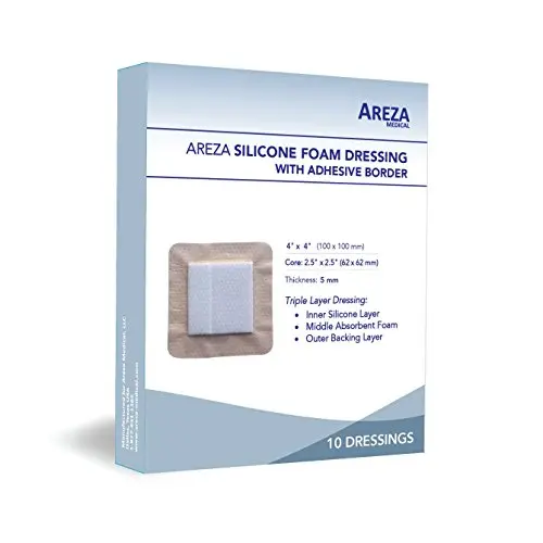 Silicone Foam Dressing with Border (Adhesive) Waterproof 4" X 4" (10 cm X 10 cm) (Central Ultra Absorbent-Foam 2.5" X 2.5") 10 Per Box (1) Wound Dressing by Areza Medical