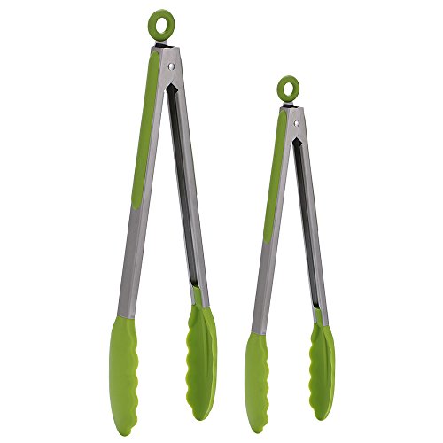 FXINJZANJ Set of 2 - 9" 12" Stainless Steel Kitchen Tongs with Green Heat Resistant Silicone Food Clip