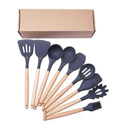 Hjyi Kitchen Cooking silicone kitchenware resistant to high temperature non-stick pot wooden handle silicone cooking spoon shovel (9-piece set)