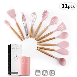 J&Amp;P Solid Wood Handle With Storage Bucket Pink Silicone Kitchenware New Color Series 12 Pieces Set