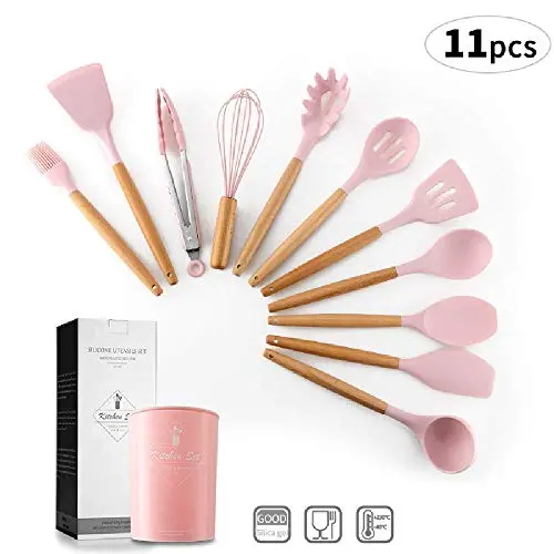 J&Amp;P Solid Wood Handle With Storage Bucket Pink Silicone Kitchenware New Color Series 12 Pieces Set