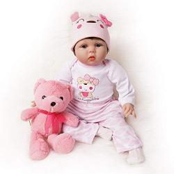 Yesteria Lifelike Reborn Baby Dolls Girl 2 Outfits Silicone Vinyl Cotton Body 22 Inches Pink Outfit with Toy Teddy Bear