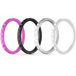 ThunderFit Thin and Stackable Silicone Rings, 8 Rings / 4 Rings / 1 Ring - Silicone Wedding Bands for Women - Diamond Pattern