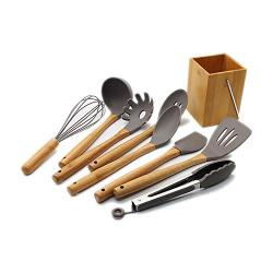 Pawaca Kitchen Utensils Set with Holder 9 Piece Silicone Bamboo Handle Kitchenware Nonstick Utensil Set Cooking Tool