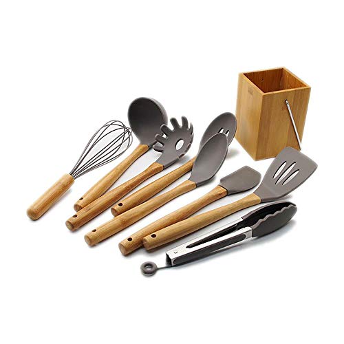 Pawaca Kitchen Utensils Set with Holder 9 Piece Silicone Bamboo Handle Kitchenware Nonstick Utensil Set Cooking Tool