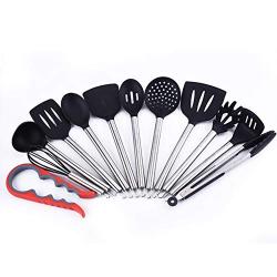 XIAMEND Stainless Steel Hollow Handle Silicone Kitchenware Spatula Soup Spoon Silicone Kitchenware Set 12 Piece (Color : Black)