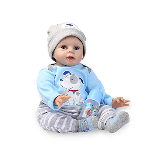 Nicery Reborn Baby Doll Soft Simulation Silicone Vinyl Cloth Body 22inch 55cm Lifelike Vivid Boy Girl Toy for Ages 3+ Blue Dog B076