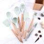 Hjyi Kitchen Cooking Wooden Storage Tube Kitchenware 9 pieces set fresh green silicone kitchenware set spatula spoon non-stick pot high temperature set