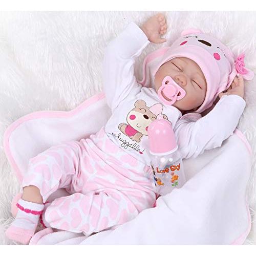 Pinky 22inch 55cm Lifelike Reborn Baby Girl Doll Soft Silicone Sleeping Baby Realistic Looking Newborn Doll Toddler Kid Birthday and Xmas Gift