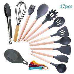 ALOOVOO 17 Piece Silicone Kitchen Utensils Set - Silicone Wooden Handle Kitchenware Set with Measuring Spoon