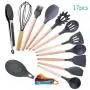 ALOOVOO 17 Piece Silicone Kitchen Utensils Set - Silicone Wooden Handle Kitchenware Set with Measuring Spoon
