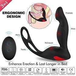 3-in-1 Remote Control Prostate Massager Vibrator with Penis Ring and Ball Loop, 9 Speeds Rechargeable Anal Sex Toy Waterproof G-spot Vibrating Stimulator for Men Women Couple