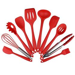 YWT 10 Piece Non-Stick Pan Environmentally Friendly Silicone Kitchen Utensils- Silicone Kitchenware Set Cooking Shovel Spoon Tool-Red-Suitable for Cooking and Baking