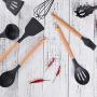 Hjyi Kitchen Cooking solid wood handle Silicone kitchenware set combination non-stick pot high temperature cooking tool Set (kitchenware 10-piece set)