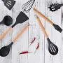 Hjyi Kitchen Cooking solid wood handle Silicone kitchenware set combination non-stick pot high temperature cooking tool Set (kitchenware 10-piece set)