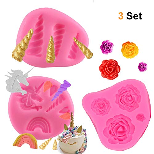 Unicorn Molds Silicone Qingo Mini Unicorn Horn Ears Flower And Cupcake Topper Fondant Chocolate Unicorn Cake Mold Set For Baby Birthday Party (3Pcs)