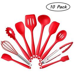 Silicone kitchenware set,MOLLG Hygienic Solid Coating,Heat Resistant Baking Spoonula,Brush,Whisk,Spatula,Ladle,Spoon,Tongs etc.10 Piece Cooking Set (Red)