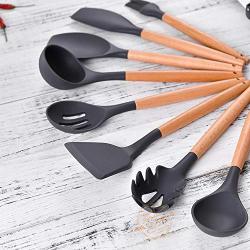 11-Piece Silicone Nonstick Kitchen Utensil Set for Cooking Utensils Set gadgets with Bamboo Wood Handles Cookware Kitchenware (A)