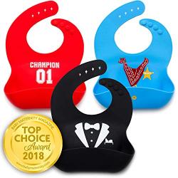 Kids N Such Baby Bibs for Boys 3 Pack - 100% Food Grade Silicon - Waterproof with Food Catcher - Easy Clean - Anti Bacterial, Anti Microbial, Dishwasher Safe - Cute Designs for Your Baby Boy