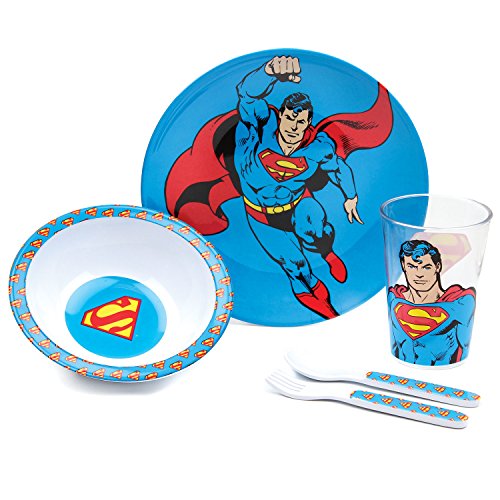 Bumkins DC Comics Superman Kids Dish Set, Plate, Bowl, Cup, Fork and Spoon, Melamine Toddler Dishes, BPA Free, Stackable, Dishwasher Safe - 5-Piece Set