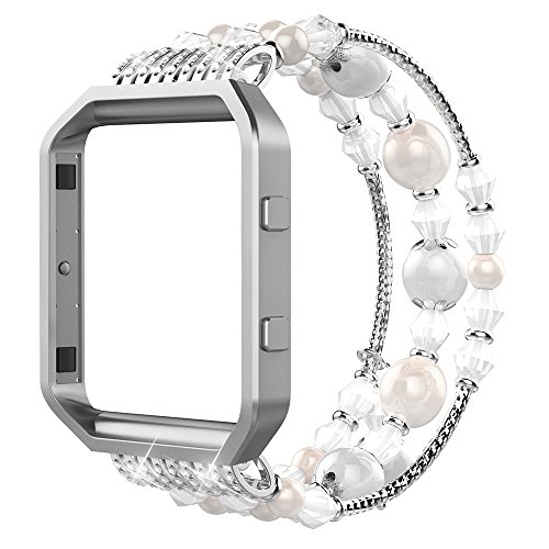 Simpeak Compatible for Fitbit Blaze Band with Frame, Replacement Fashionable Beaded Jewelry Elastic Bracelet Band Strap for Fit bit Blaze Smartwatch - Small(6.3")/Large(7.28"),Black Pink White