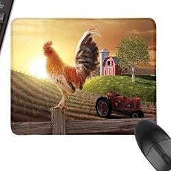 Modern Extra Large Mouse Pad Farm Barn Yard Image Kitchenware and Home Decor Rooster Early Bird Natural Sunrise Laptop Desk Mat, Waterproof Desk Writing Pad 23.6&quotx15.7" Light Brown Red