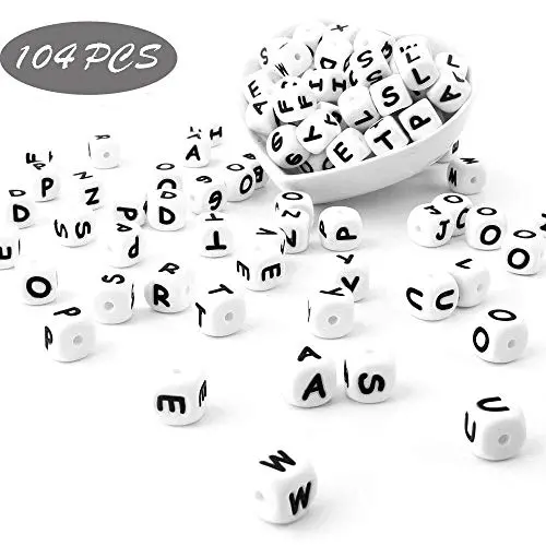 Weekjoey 104PCS Square Silicone Beads English Alphabet Bead Baby Chew 12mm Non-Toxic BPA Free 100% Food Grade Silicone Letter Beads