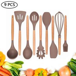 Silicone Kitchenware with Wooden Handle Non-stick Silicone Kitchenware Set Cooking Shovel Spoon Tool(9 Packs)