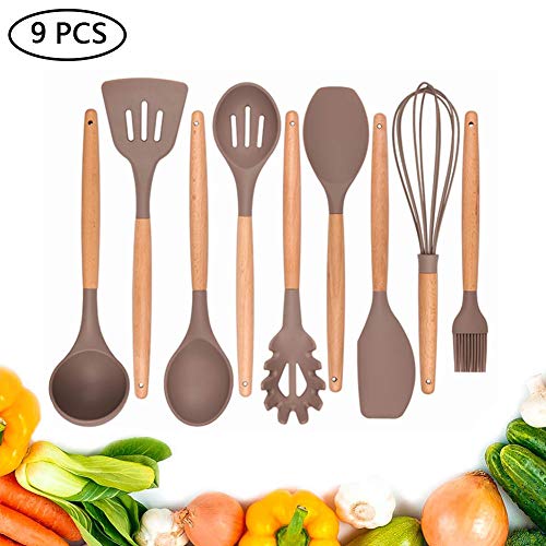 Silicone Kitchenware with Wooden Handle Non-stick Silicone Kitchenware Set Cooking Shovel Spoon Tool(9 Packs)