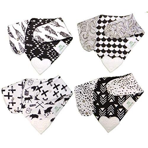 Pack of 4 100% Organic Cotton Reversible Bandana Drool Bibs with TPU Lining Water Resistant and Silicone Teether Toy 3 Layers Adjustable Nickel Free Snaps Unisex for Babies and Toddler Boys and Girls