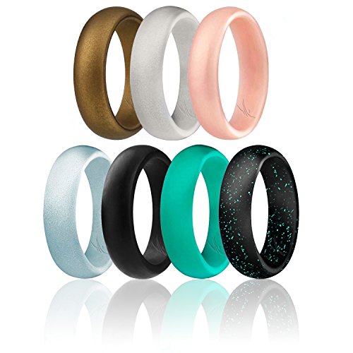 ROQ Silicone Wedding Ring for Women, Affordable Silicone Rubber Wedding Bands, 7 Packs, 4 Pack & Singles - Glitters & Metallic - Rose Gold, Silver, Pink, Black, Blue