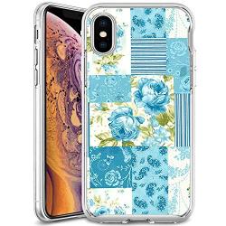 iPhone Xs iPhone X Case, Soft TPU Slim-Fit Flexible Ultra-Thin Clear Case, Full-Body Rugged Bumper Print Blue Flower Case for iPhone Xs iPhone X, Transparent