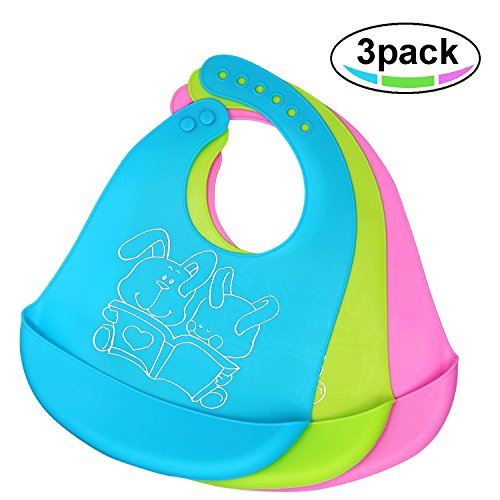 Silicone Baby Bib, Easy to Clean, Dry, Portable and Keep Stains Off, Comfortable and Adjustable Soft Feeding Bibs for Babies or Toddlers (6-72 Months), Set of 3 Colors
