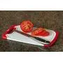 CC Boards 3-Piece Nonslip Cutting Board Set: Red and white plastic kitchen carving boards, each with juice groove and nonskid handle; dishwasher safe