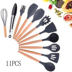 SHUHAO Kitchenware Set Silicone Cookware, 11 Pieces of Natural Wooden Handle Cookware Without BPA Kitchen Gadget Cookware Set, Suitable for Cooking