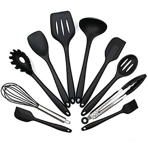 Lisa Bell 10pcs Non-Stick Kitchenware Silicone Heat Resistant Kitchen Cooking Utensils Baking Tool Cooking Tool Sets@Black